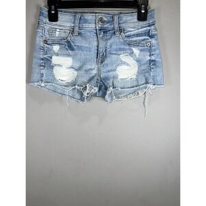 AMERICAN EAGLE DENIM SHORTIE SHORTS WOMENS 0 DISTRESSED (27" measured waist)